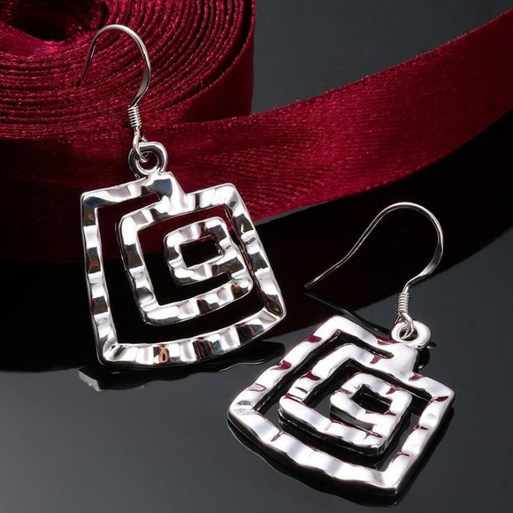 925 STERLING SILVER Stamped Modernist Rippled Textured Geometric Square EARRINGS - Picture 2 of 10